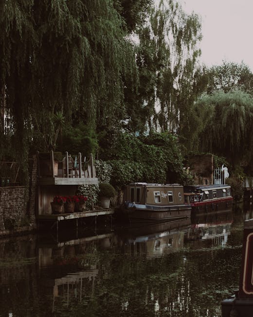 The image shows a tranquil scene along Regents Canal, featuring lush green trees and willow branches hanging over the water. Two narrowboats are moored side by side, one with a beige and dark blue ext